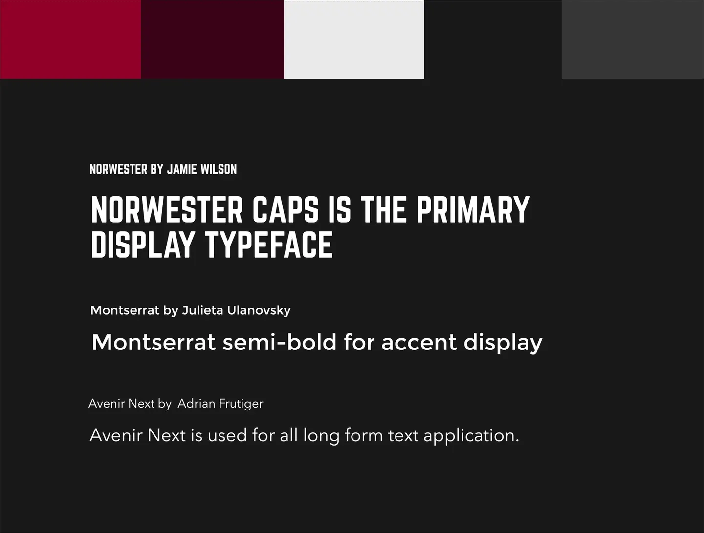 Garrison Group burgundy and charcoal palette with typography specifications