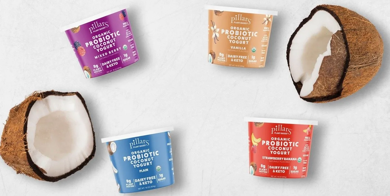 Pillars coconut yogurt packaging in four colorful flavors