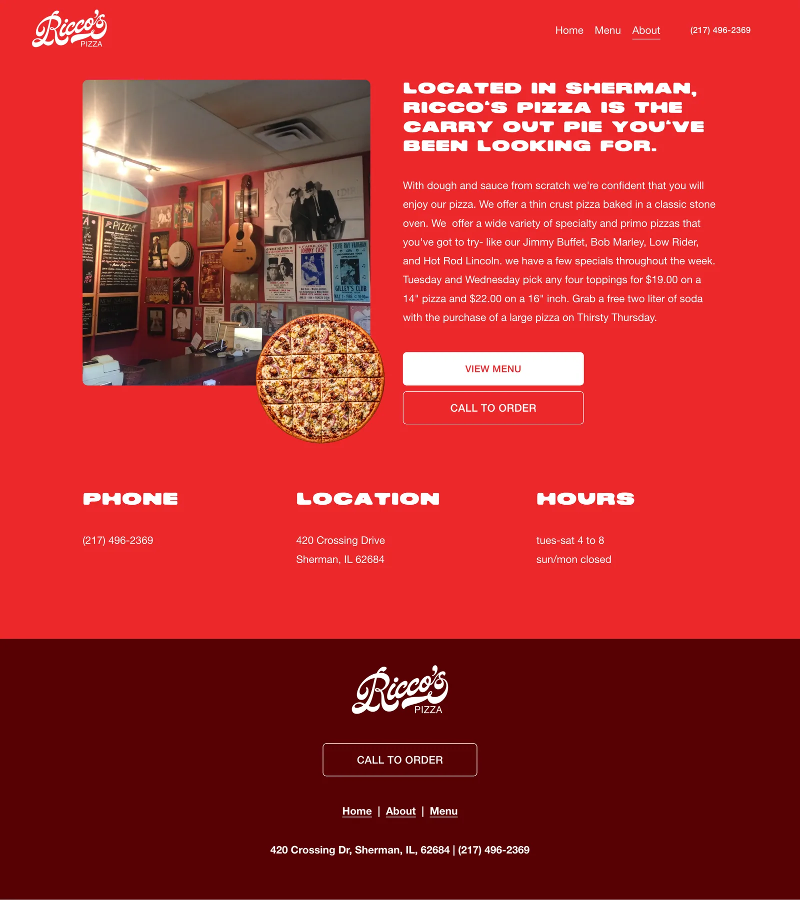 Full Ricco’s Pizza About Ricco’s website design