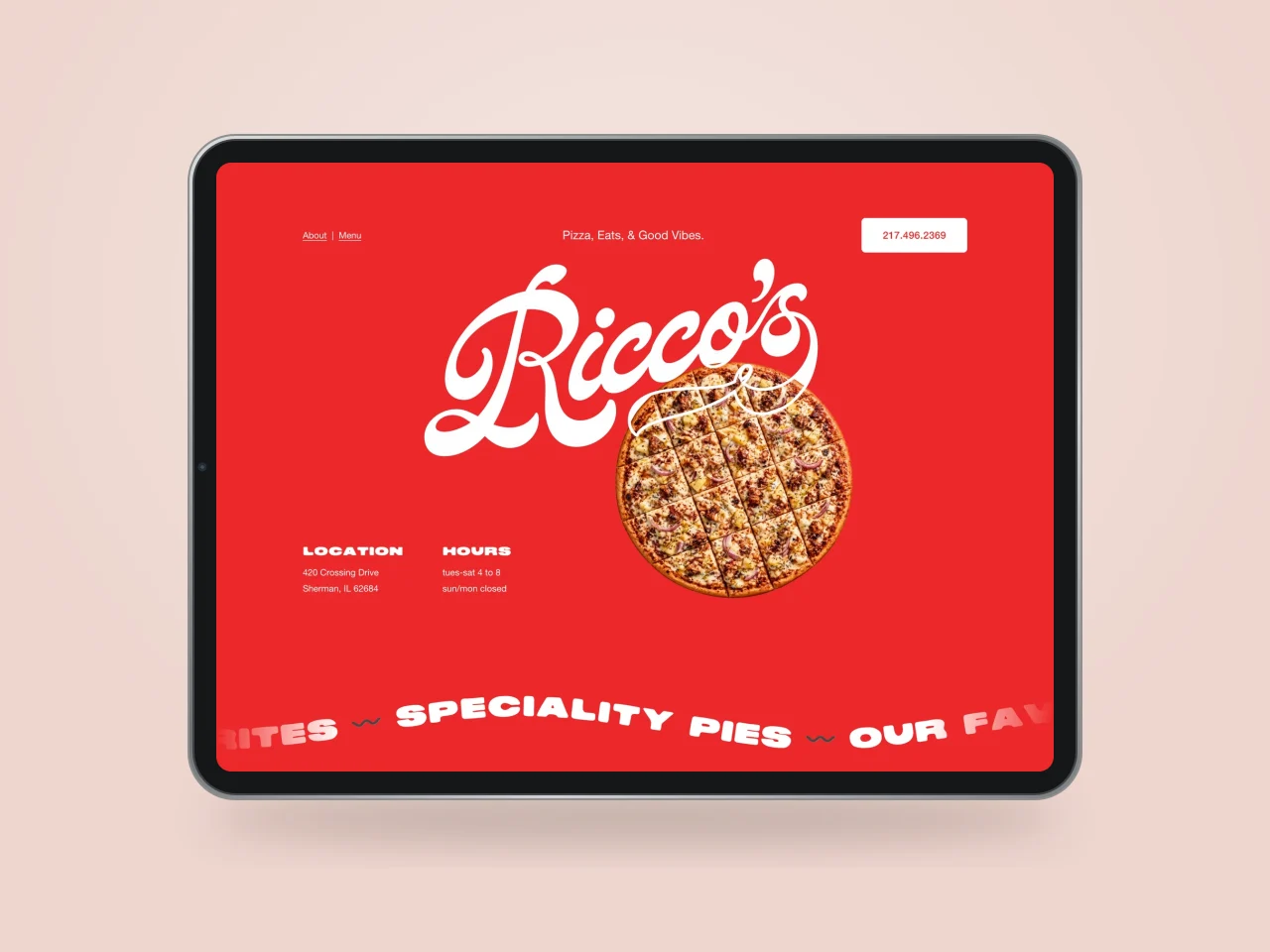 Ricco’s Pizza website displayed on an iPad