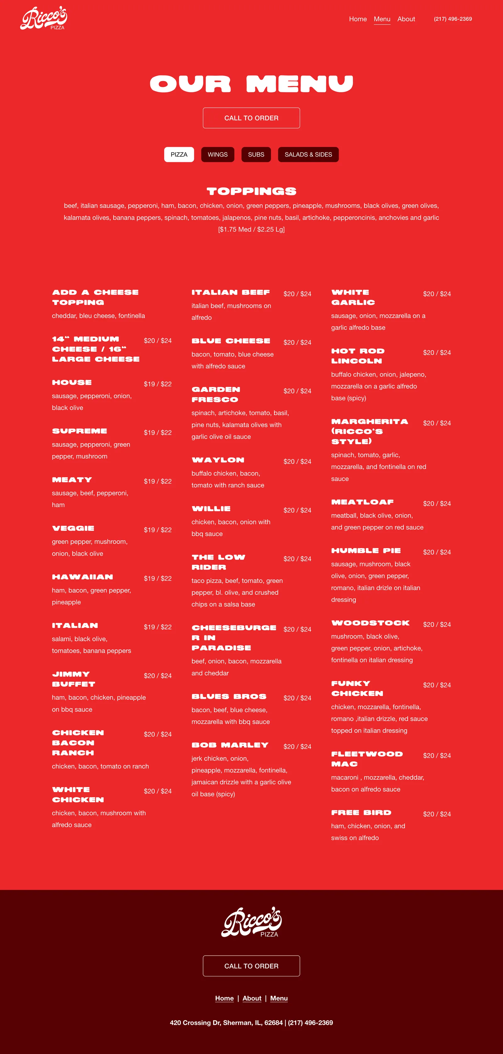 Full Ricco’s Pizza Menu website design