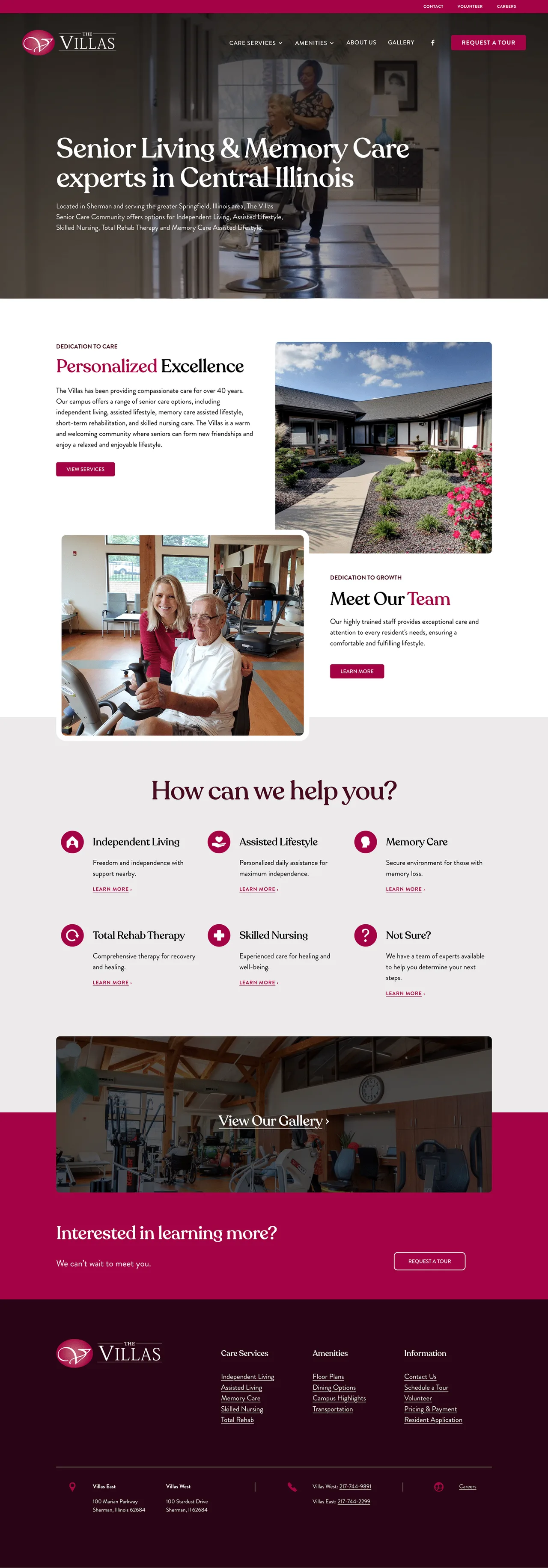 The Villas website showing care services and community information