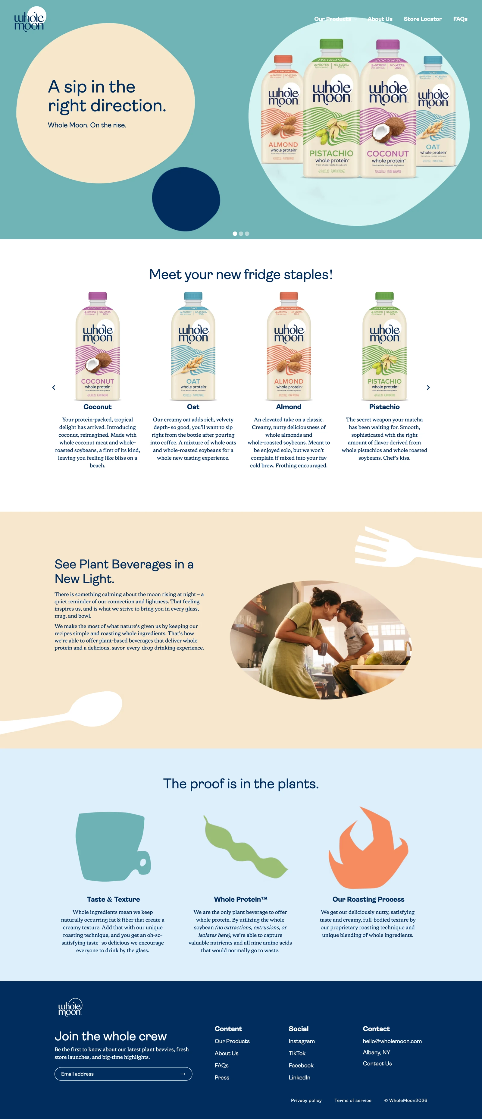 WholeMoon homepage showing its plant-based beverage range
